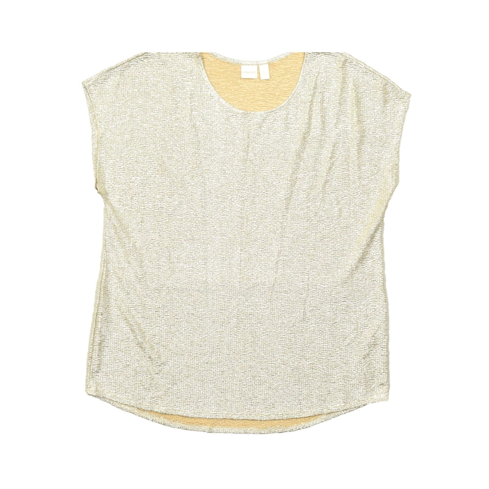 Vintage Chico's Blouse Shirt Womens 4 Gold Metallic Textured Plissé Short Sleeve Round Neck Pullover casual Polyester Adult Regular Gold Womens Size S / US 4 / IT 40 - 2 Thumbnail