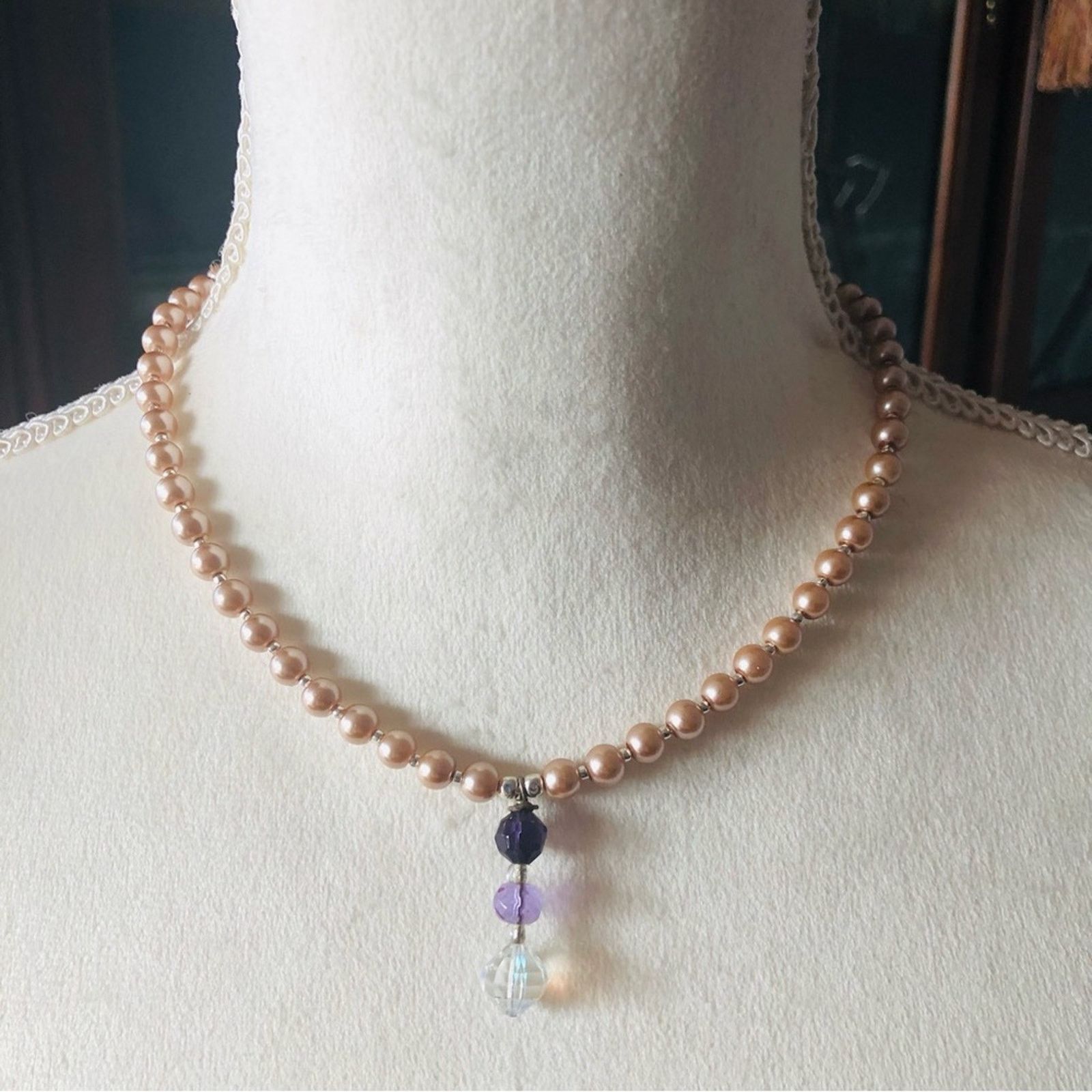 Handmade Handcrafted repurpose Crystal drop pendant Pearl necklace Size ONE SIZE - 2 Thumbnail