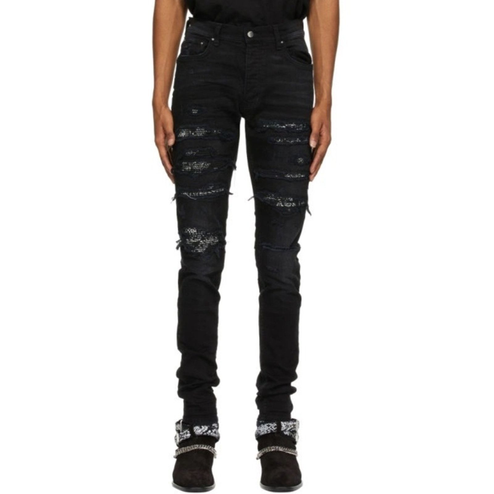 Amiri Women’s Amiri MX1 Bandana Patch Distressed Black Skinny Jean Size 28" / US 6 / IT 42 - 1 Thumbnail