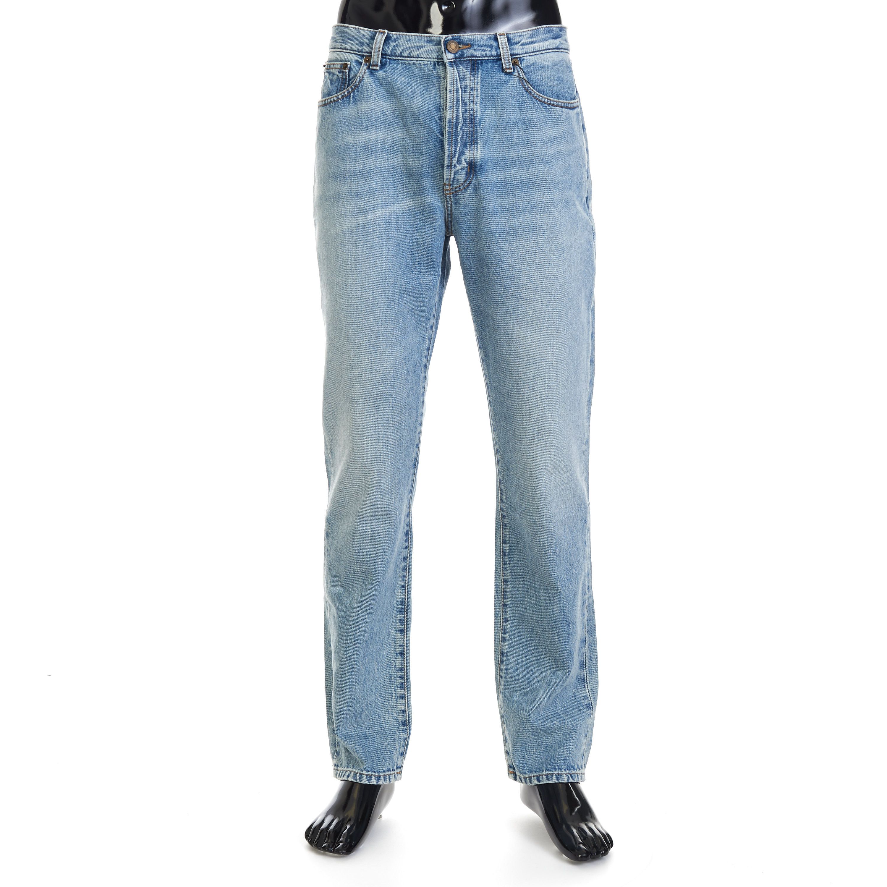 image of Saint Laurent Paris Relaxed Fit Jeans - Clear Blue Denim, Mid Rise, Five Pocket in Light Blue (Size