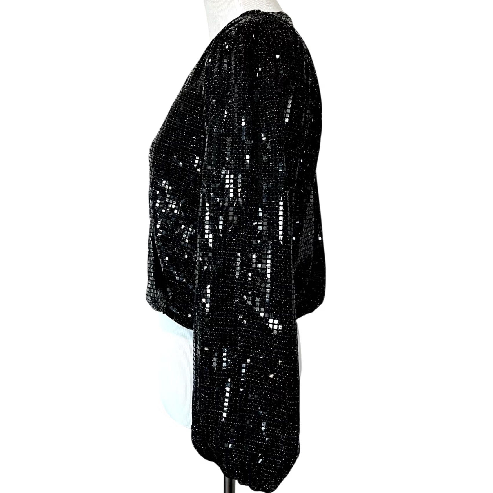 Vintage Womens Black Sequin Top Wrap Style V-Neck Long Balloon Sleeves Party Glam Sz M Size M / US 6-8 / IT 42-44 - 4 Thumbnail
