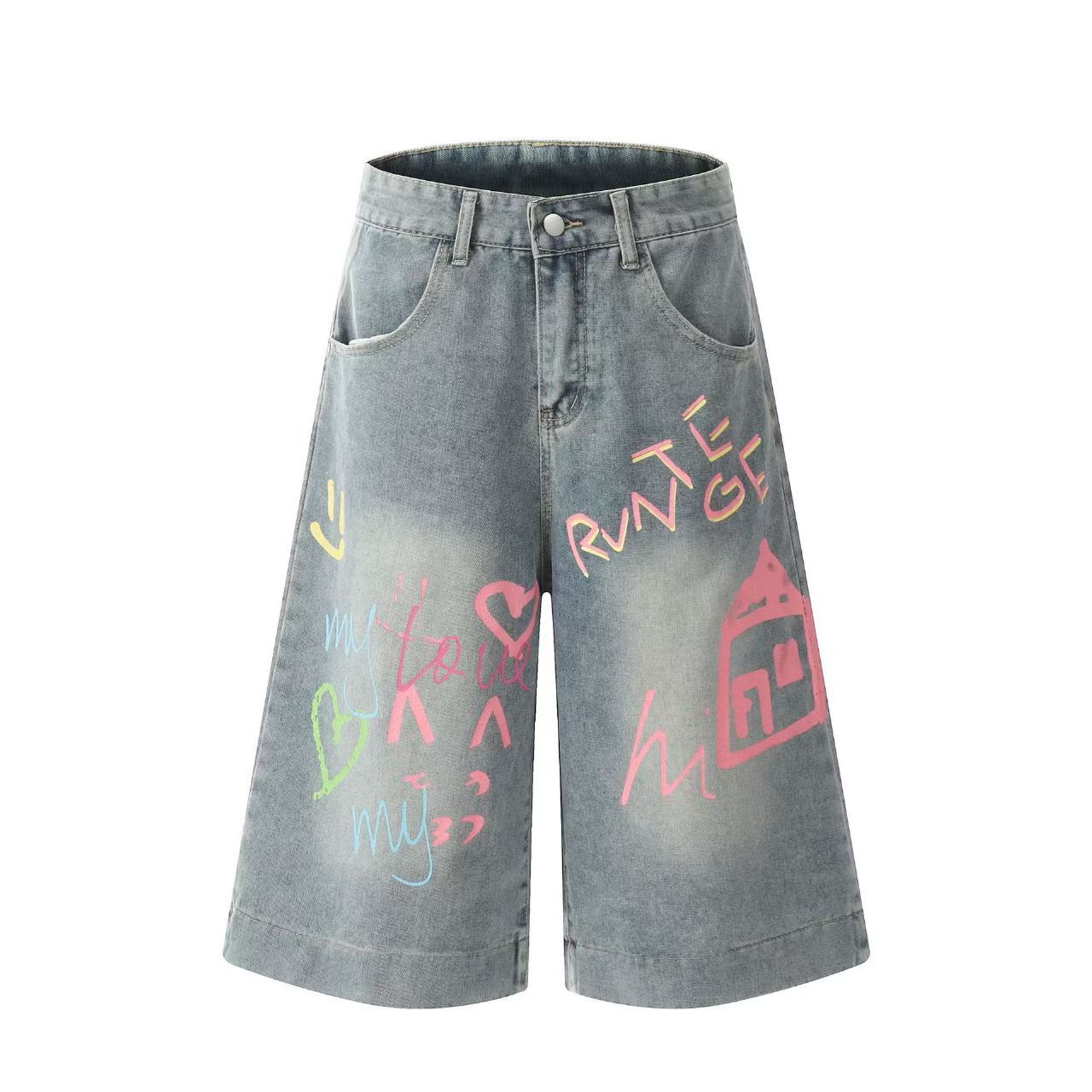 Graffiti baggy street hip hop washed denim shorts