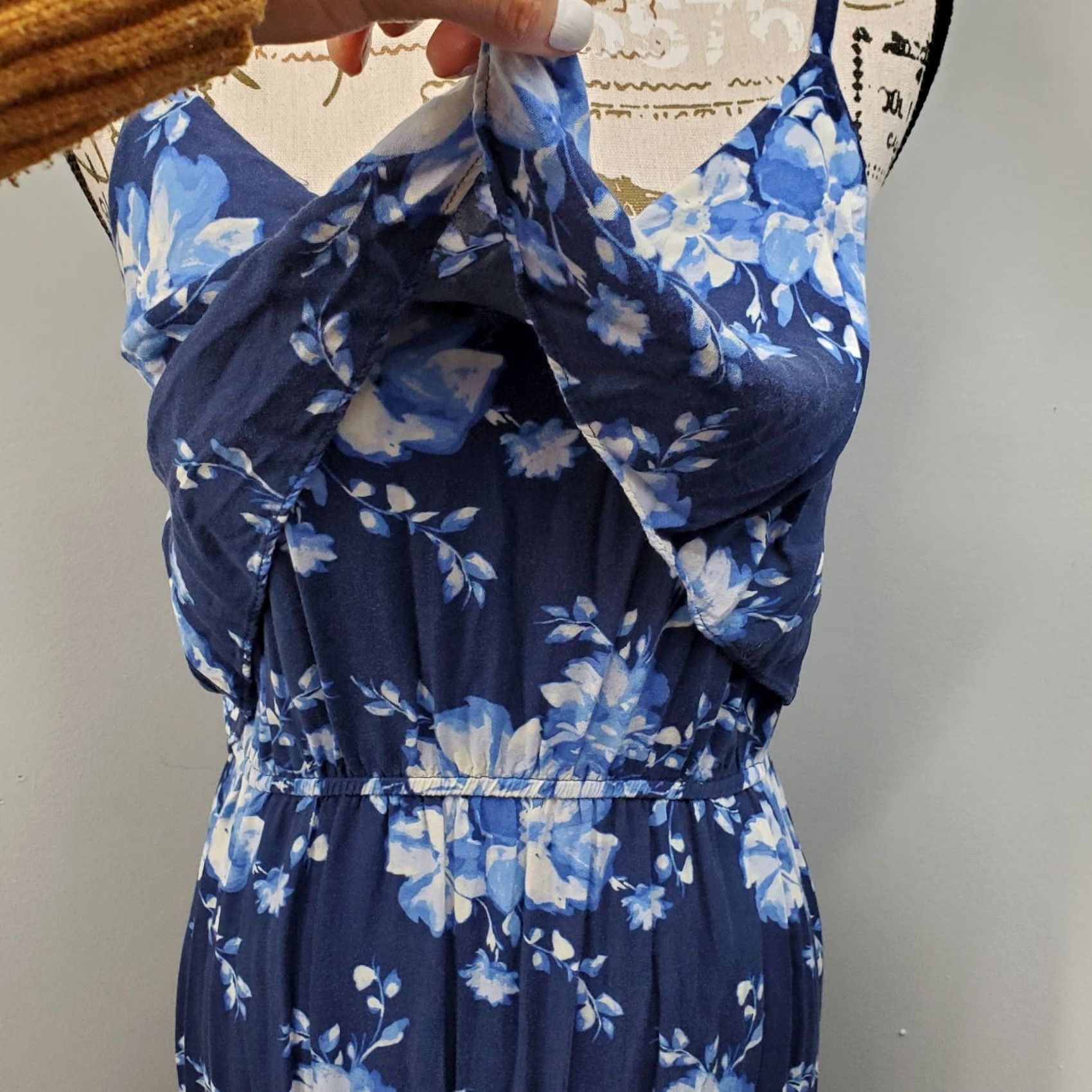 Vintage LC Lauren Conrad Maxi Dress Womens M Blue White Floral Cinch Waist Tiered Bodice Dress Size M / US 6-8 / IT 42-44 - 4 Thumbnail