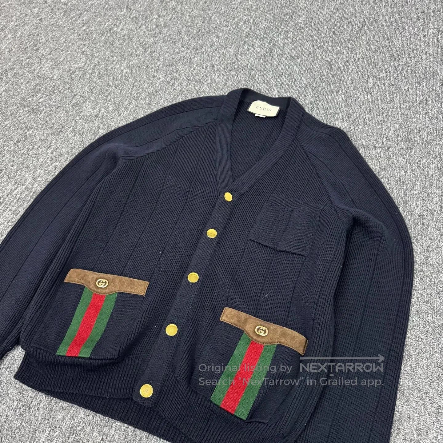 Gucci Guicci Red and green striped suede pocket; wool cardigan| Size XS / US 0-2 / IT 36-38 - 3 Thumbnail