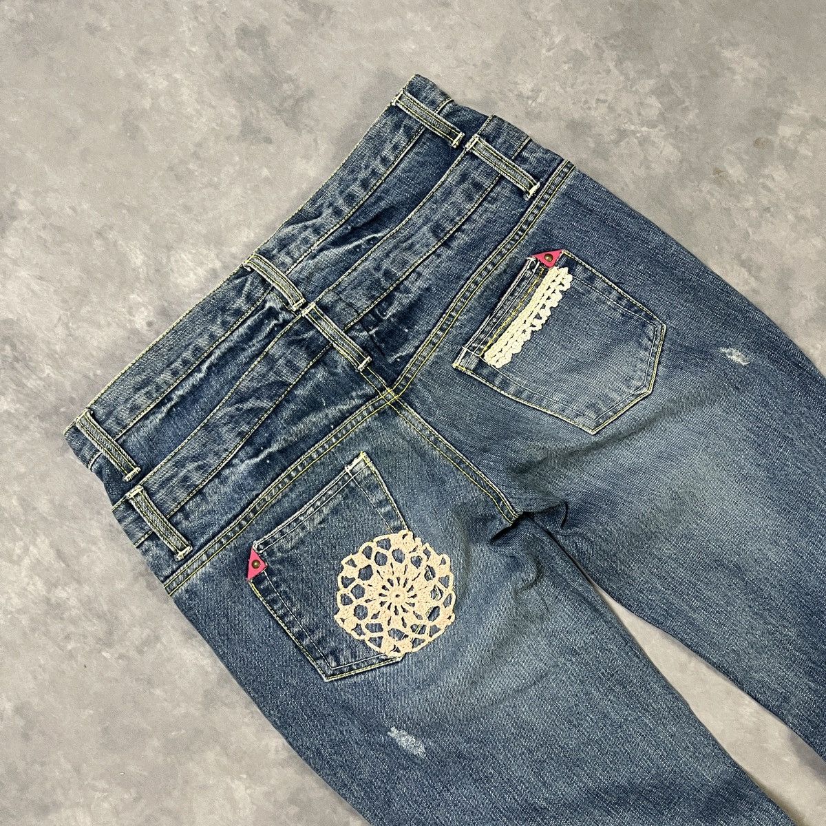 Japanese Brand 2000s Double Waist Crochet Lace Pocket Distressed Fade jeans Size US 30 / EU 46 - 10 Thumbnail