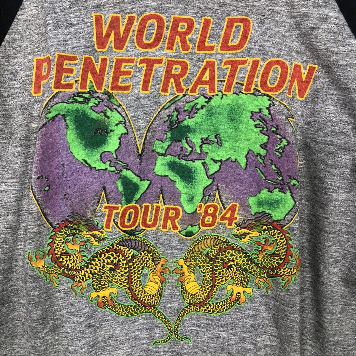 Band Tees 🔥VINTAGE 1984 TOUR WORLD PENETRATION BAND 3 QUARTER BIG LOGO Size US L / EU 52-54 / 3 - 11 Thumbnail