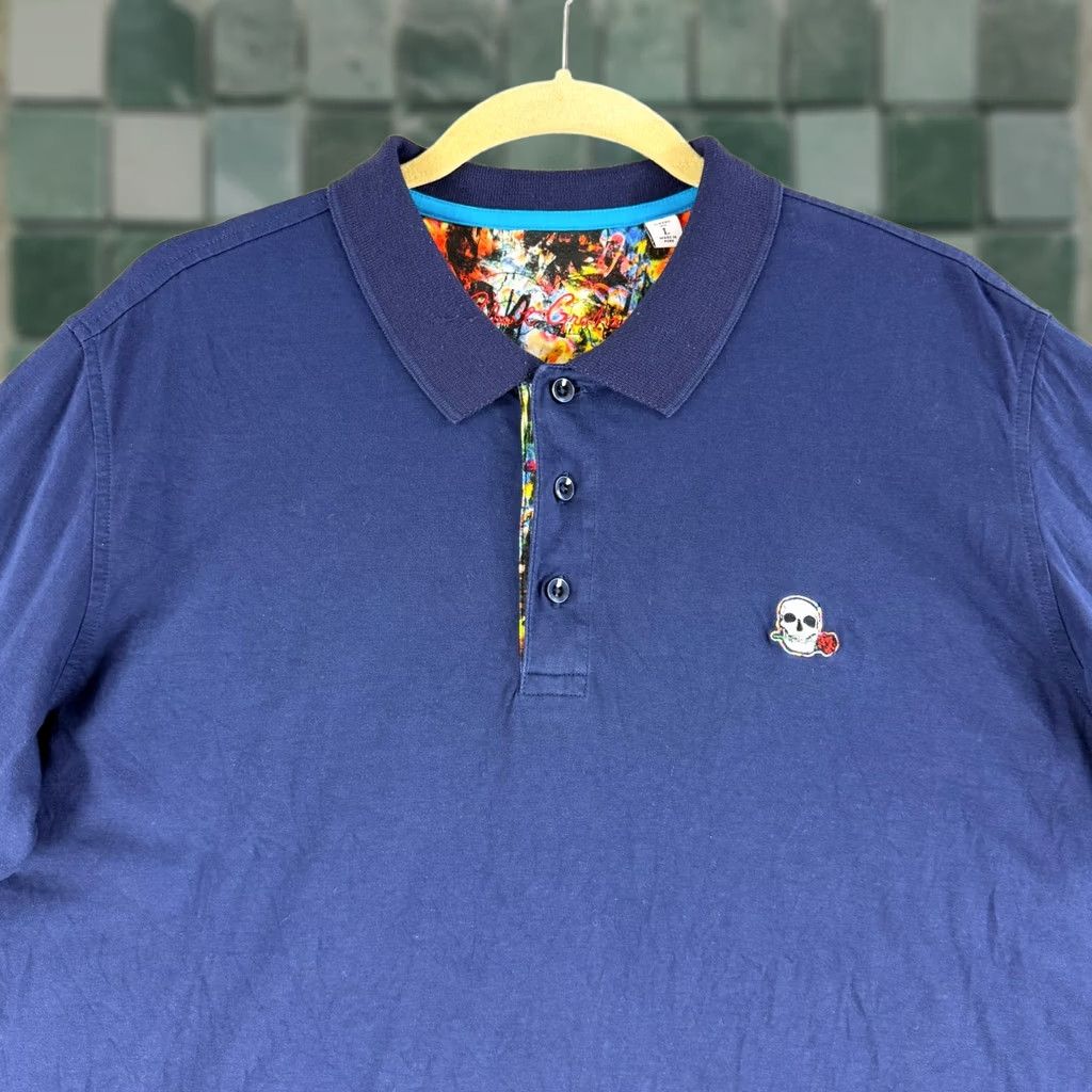 Robert Graham VINTAGE Robert Graham Polo Shirt Mens Large Navy Blue Skull Rose Embroidered Cotton Size US L / EU 52-54 / 3 - 1 Thumbnail