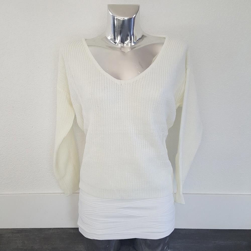 Designer White High Low Sweater Long Sleeve Size ONE SIZE - 1 Thumbnail