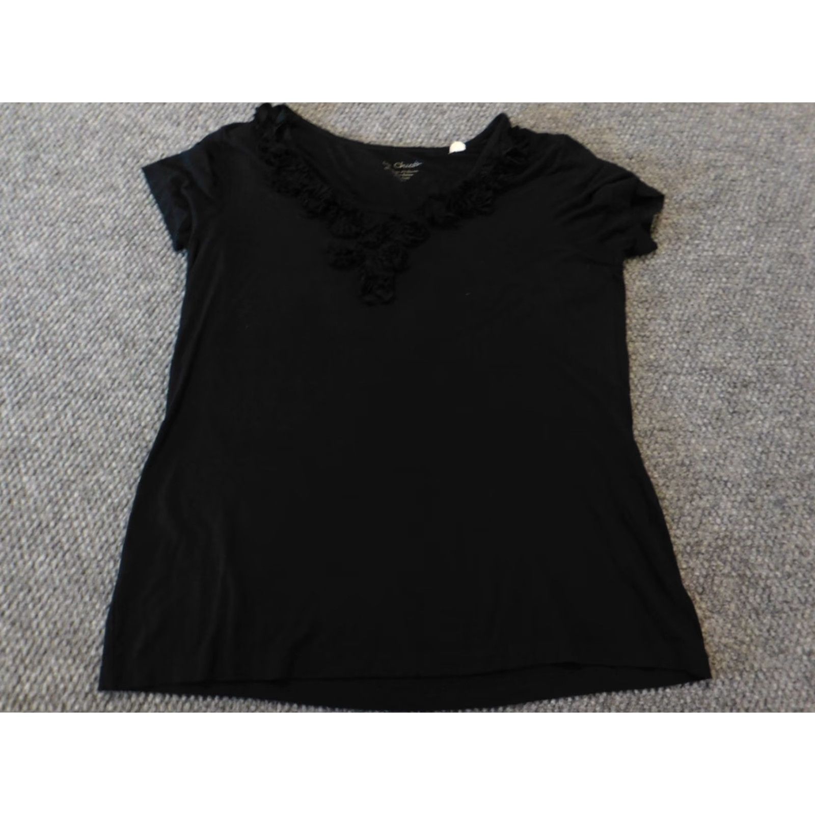 Vintage Chicos Blouse Shirt Women Kid s 1 Black Flower Stretch Rayon Spandex Crew Neck Short Sleeve Pullover Casual Button Basic Vintage No Regular Womens Size XS / US 0-2 / IT 36-38 - 2 Thumbnail