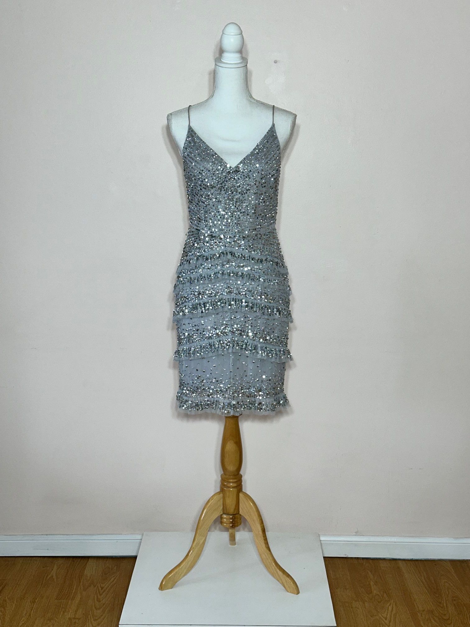 Adrianna Papell Silver Sequined on Ruffled Net Mini Dress Size M / US 6-8 / IT 42-44 - 2 Thumbnail