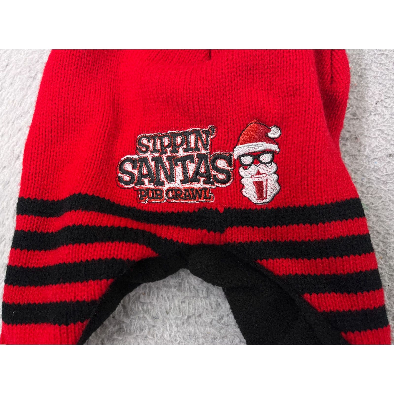 Vintage Jetline Prime Beanie Hat Adult One Size Red Knit Ear Flap Sippin’ Santas Pub Crawl 90s Theme Mens Holiday Winter Size ONE SIZE - 2 Thumbnail