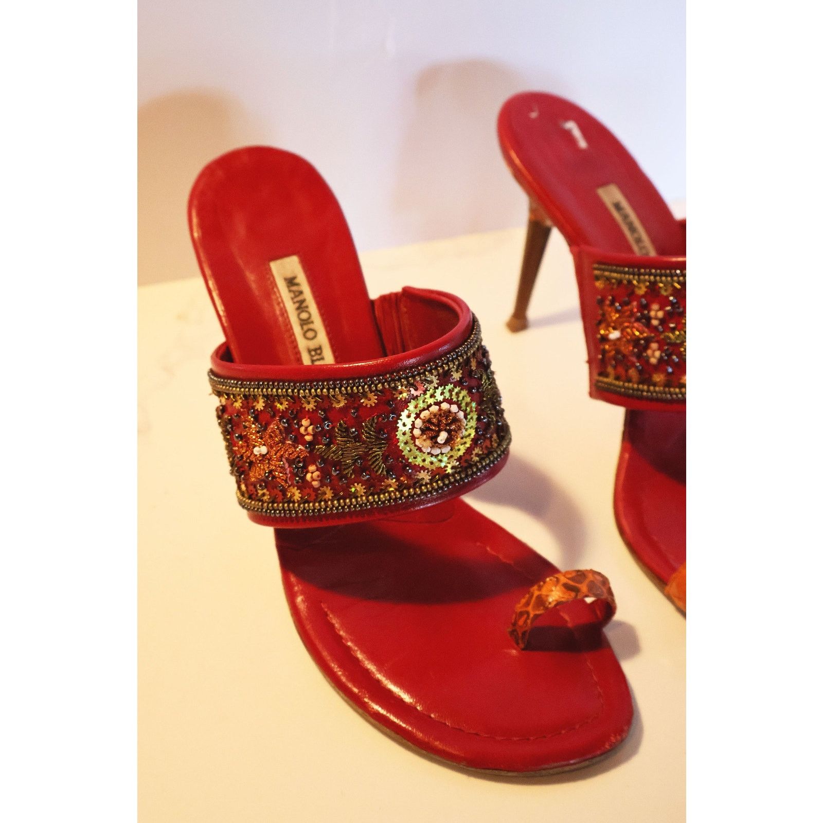 Manolo Blahnik Vintage Manolo Blahnik Red + Orange Snakeskin Rapis Sandal Size US 7.5 / IT 37.5 - 3 Thumbnail