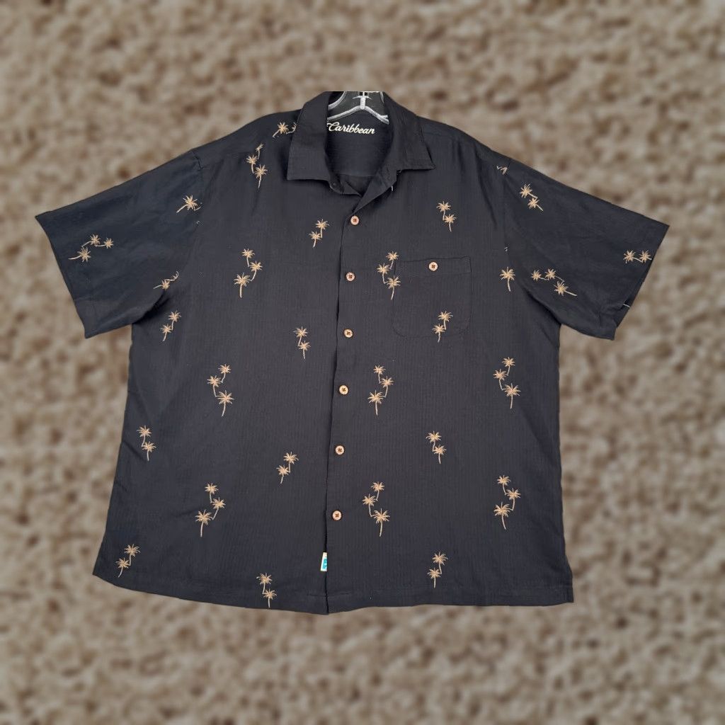 Caribbean Men Shirt 2XL Black Beige Palm Tree All Over Print Rayon Hawaiian Button-Up Short Sleeve Casual Shirt Mens