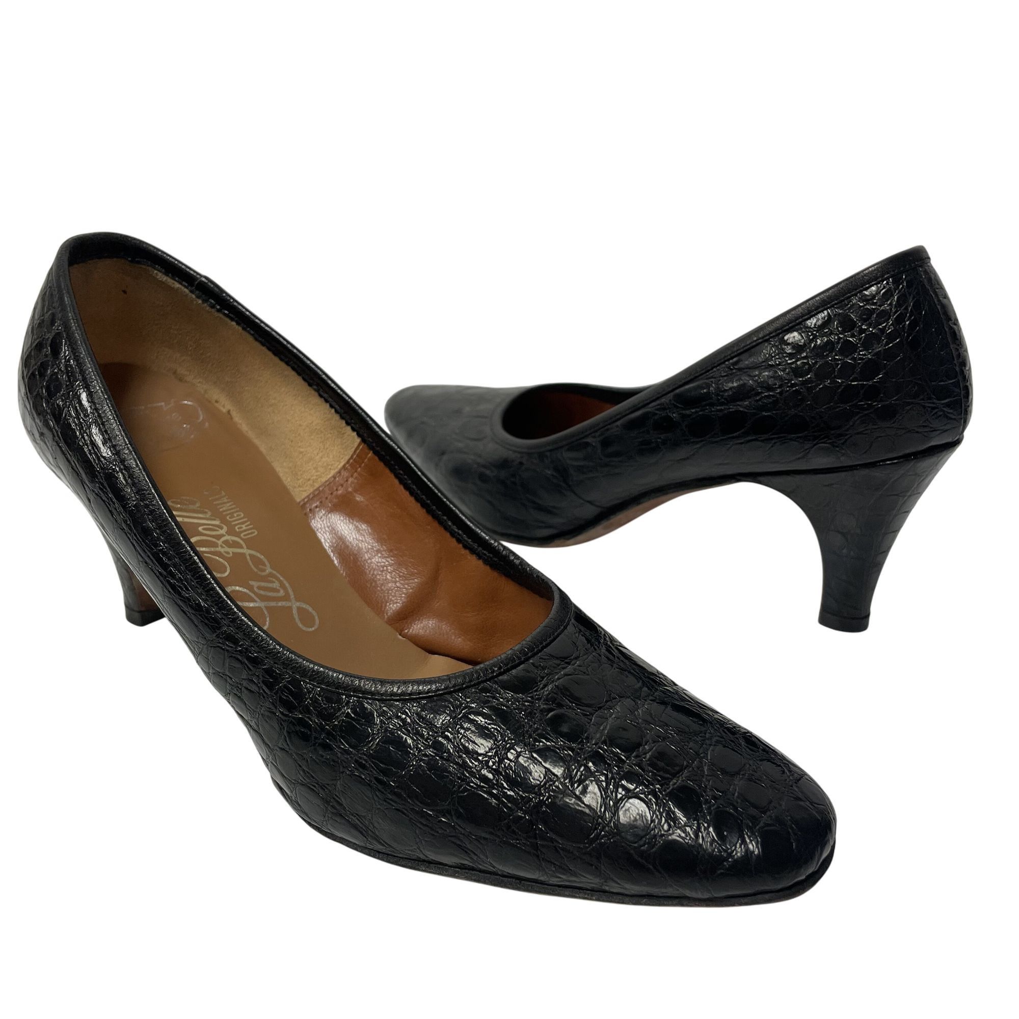 Other Vintage 60's La Belle Women Black Genuine ALLIGATOR Skin Hee Size US 6 / IT 36 - 1 Thumbnail
