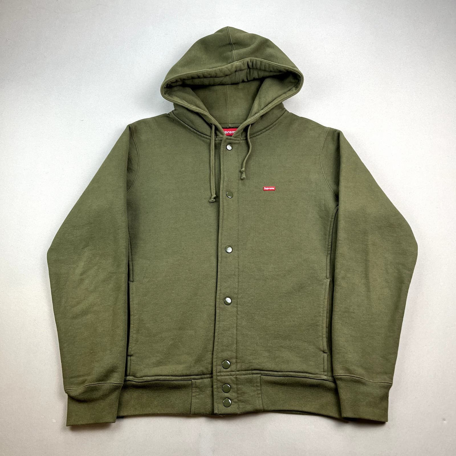 image of Supreme Hoodie Sweatshirt Olive Green Box Logo Snap Front, Men's (Size Medium)
