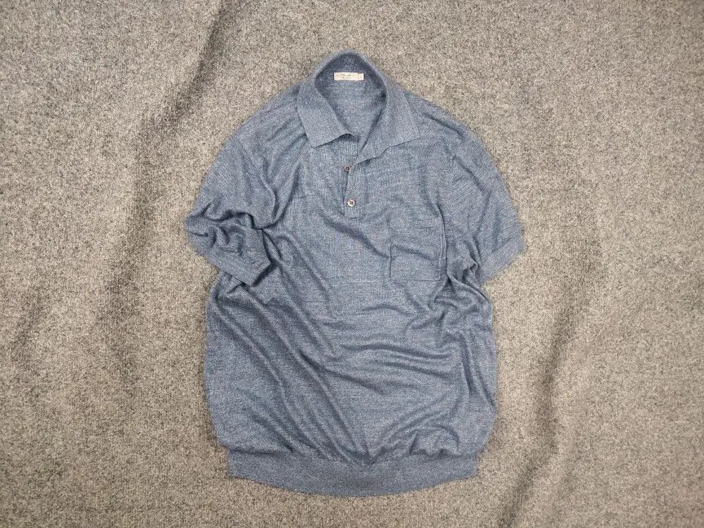 Suitsupply Design Linen Cotton blue Knit Pocket Polo Cuffed