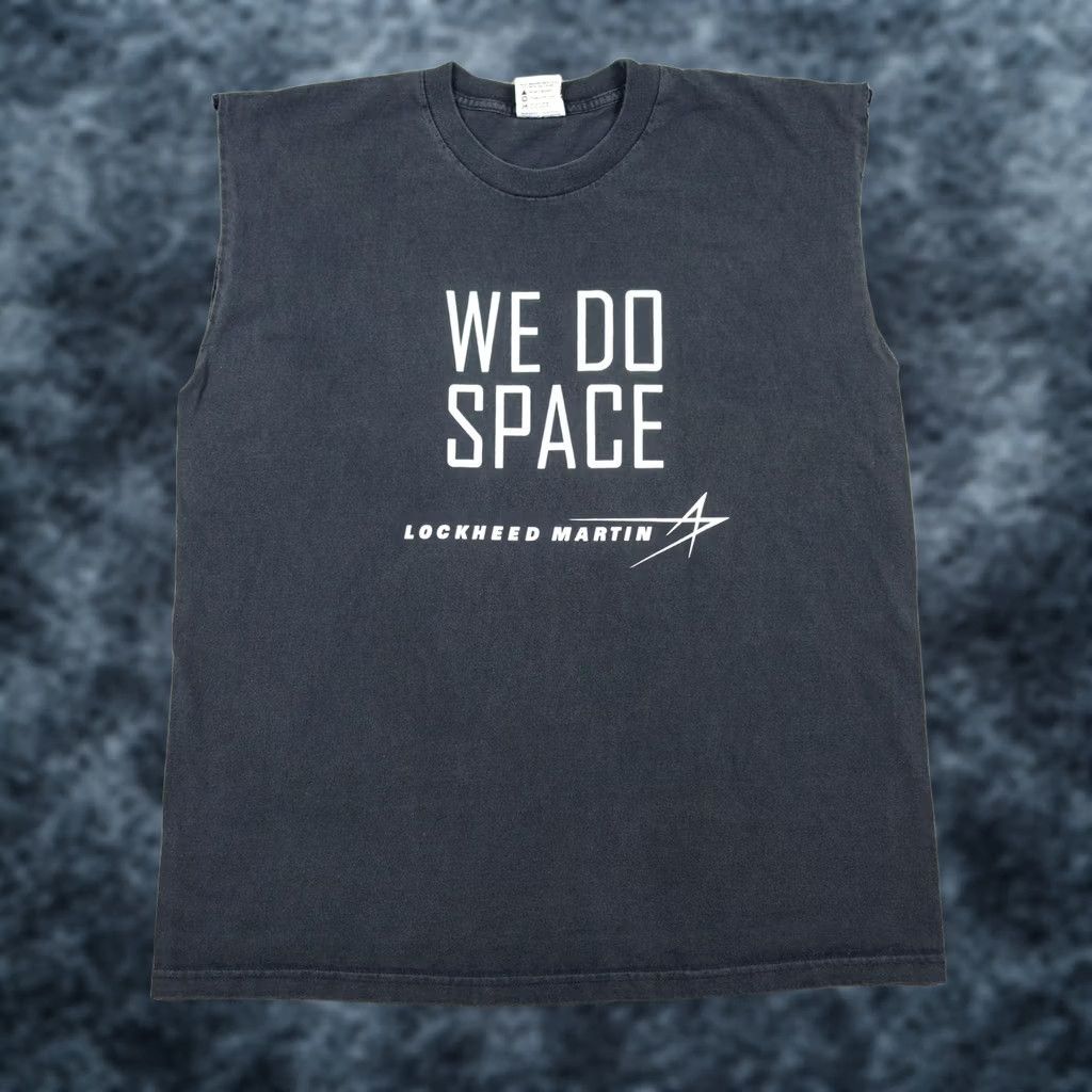 VINTAGE Bayside Shirt Mens XL Space We Do Space Lockheed Martin Sleeveless Crew Neck Graphic 90s Gray Cotton Regular Mens
