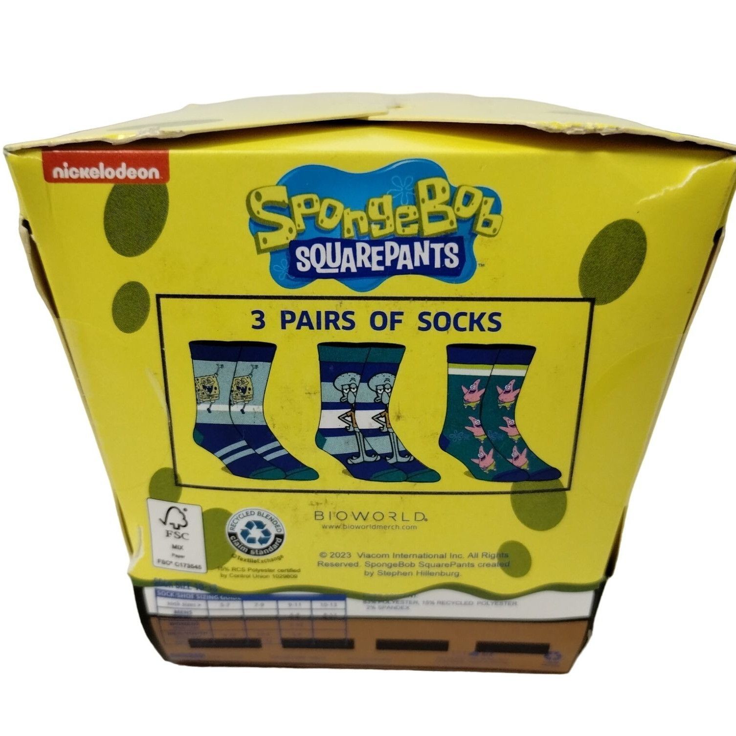 Designer Bioworld SpongeBob SquarePants Mens 3 Pair Crew Socks Size 1 Size ONE SIZE - 2 Thumbnail