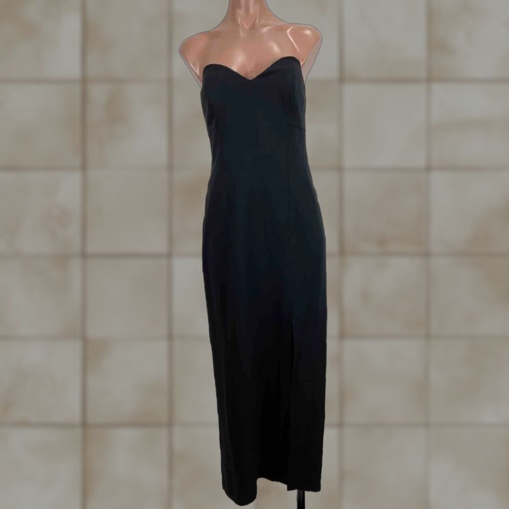 VINTAGE AJ Bari 80's Black Strapless Cocktail Dress Sz 4 Slit LBD Formal Nightwear Womens