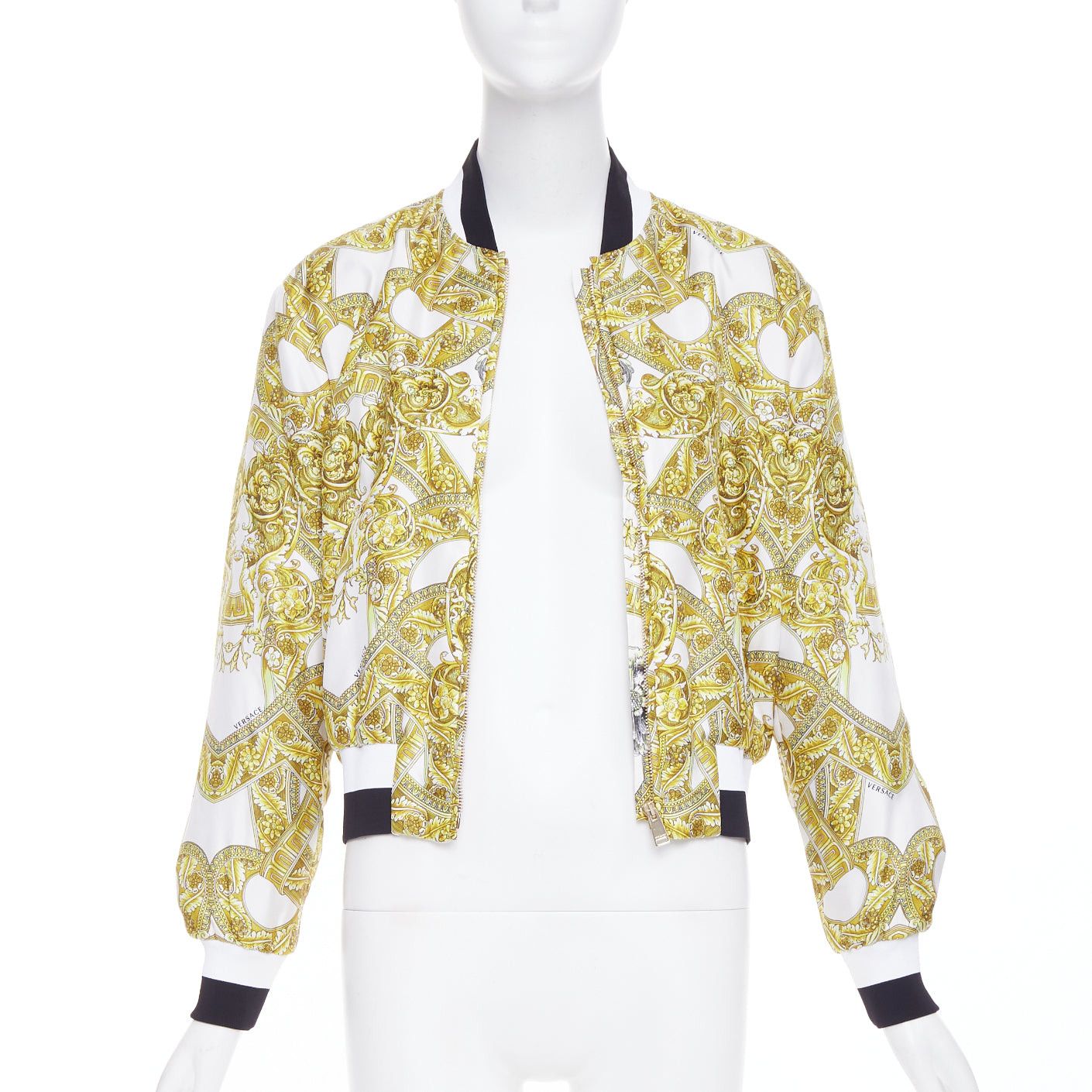 Versace VERSACE 100% silk white gold Barocco chain print cropped bomber IT40 S Size S / US 4 / IT 40 - 1 Thumbnail