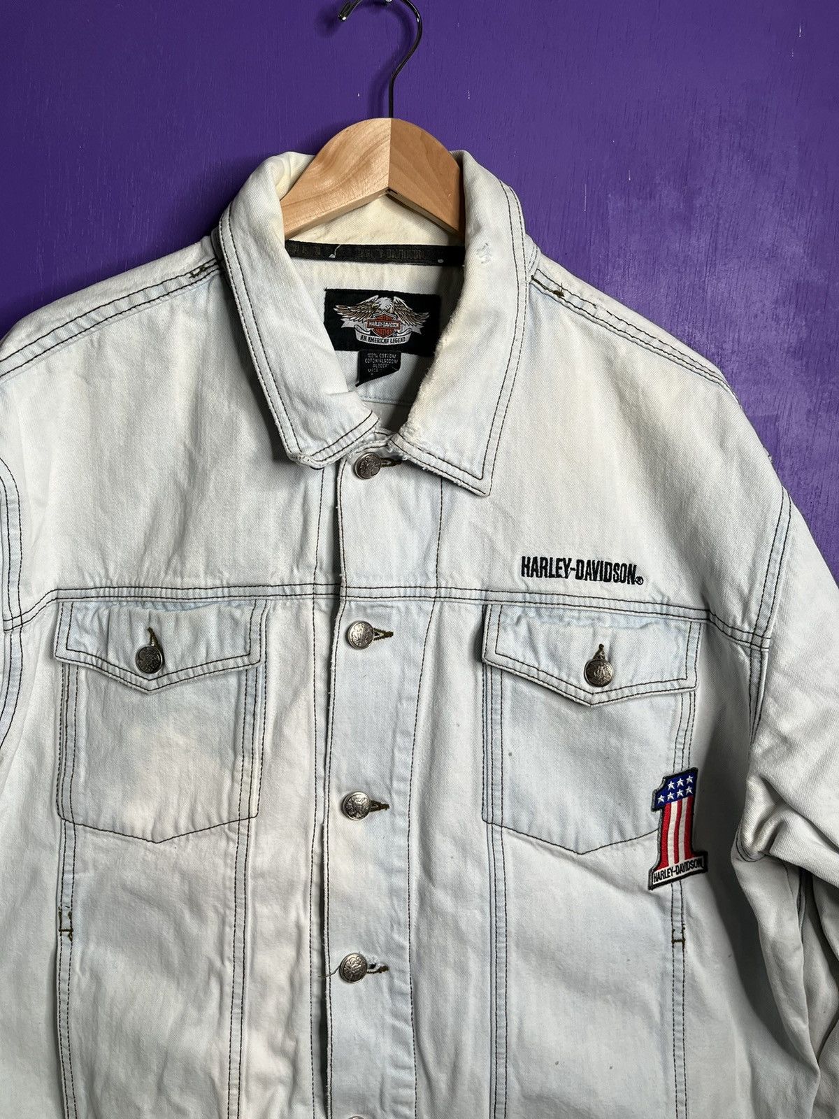 Harley Davidson × Vintage Vintage 90s Harley Davidson America 1 patch denim jacket Size US XL / EU 56 / 4 - 3 Thumbnail