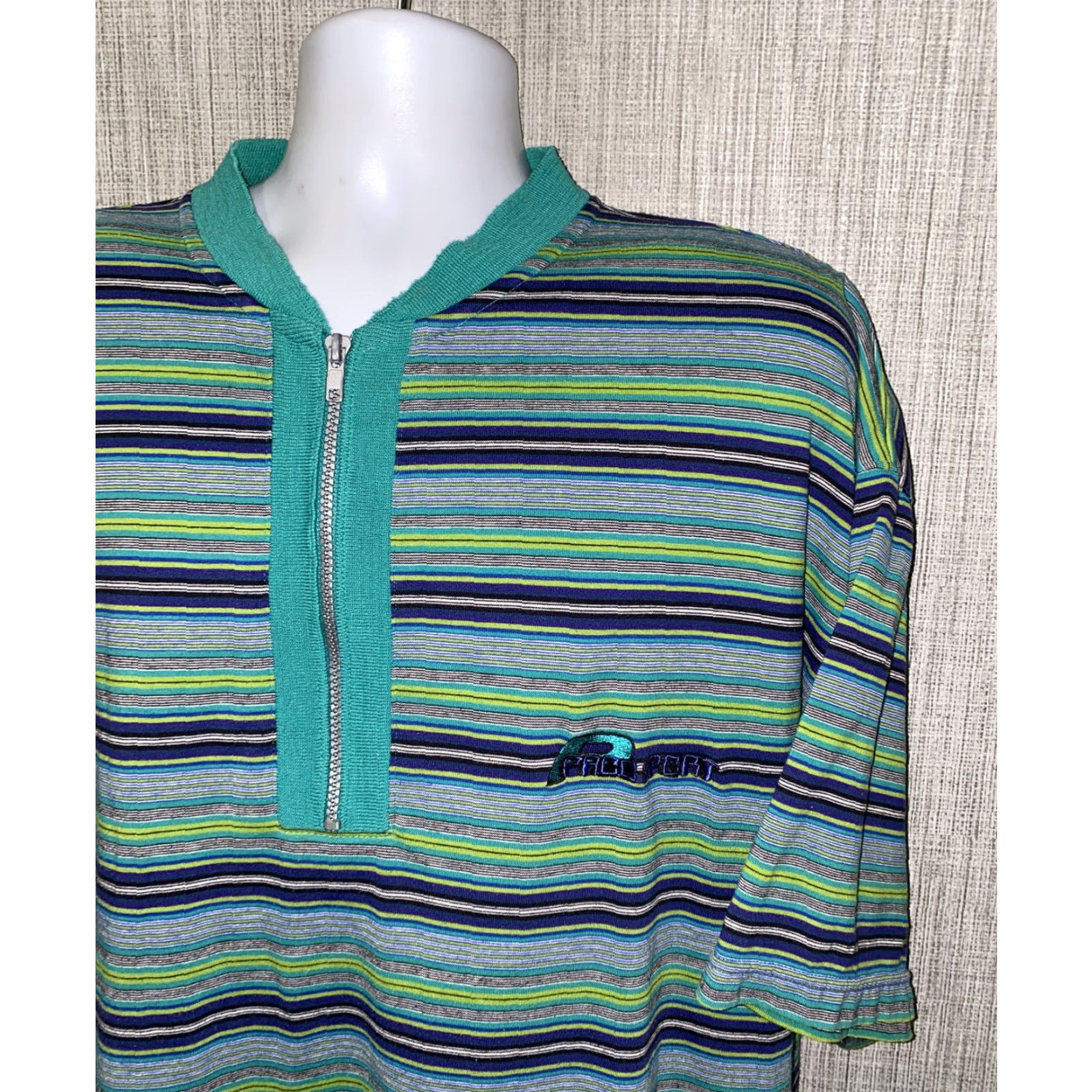 Vintage VTG PACO Sport Mens Green Striped 1/2 Zip Short Sleeve Shirt Size 2XLT Size US XXL / EU 58 / 5 - 2 Thumbnail