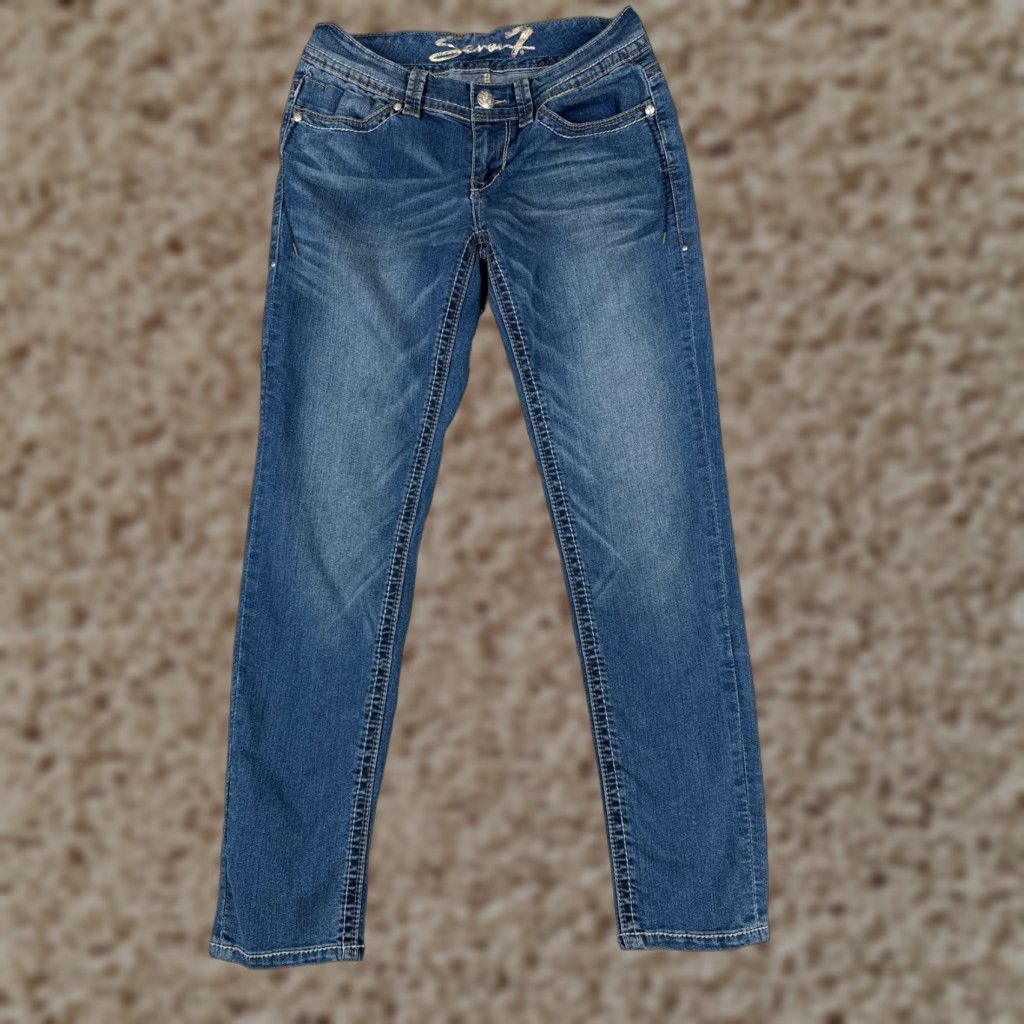 Vintage Seven7 Women Jeans 28 Blue Denim Skinny Slit Hem Mid Rise 28x29 Size 28" / US 6 / IT 42 - 1 Thumbnail