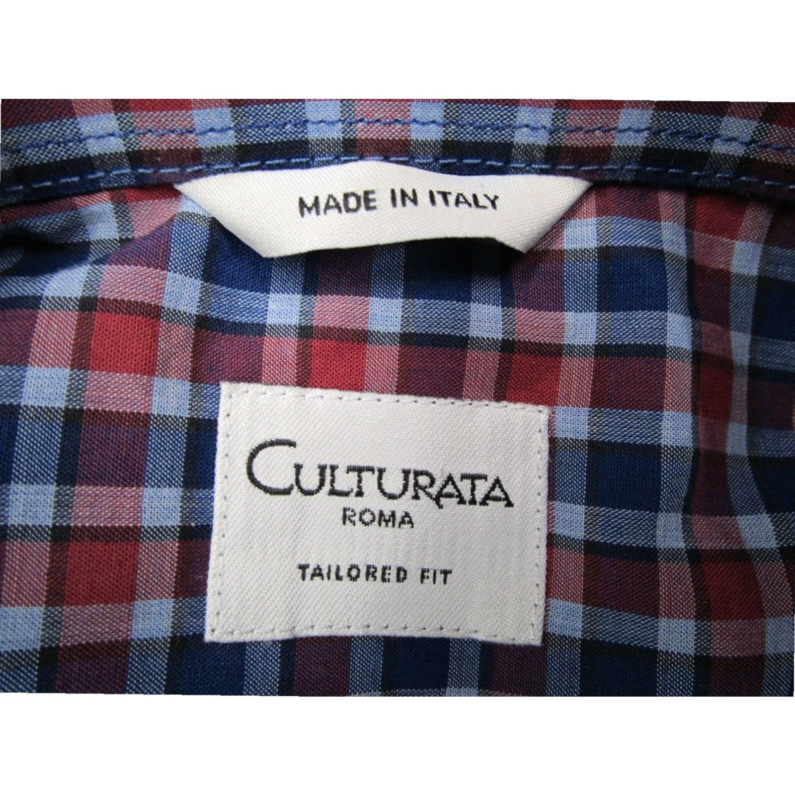 Vintage Culturata Men's Blue Check Dress Shirt Large 16.5 42 Slim Fit Cotton Long Sleeve Button Up Size 42R - 3 Thumbnail