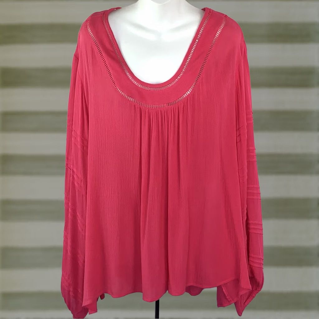 Vintage Cato Blouse 26/28W Dk Pink Scoop Neck Long Sleeve Flowy Rayon Boho Beach Size 4XL / US 24-26 - 1 Thumbnail
