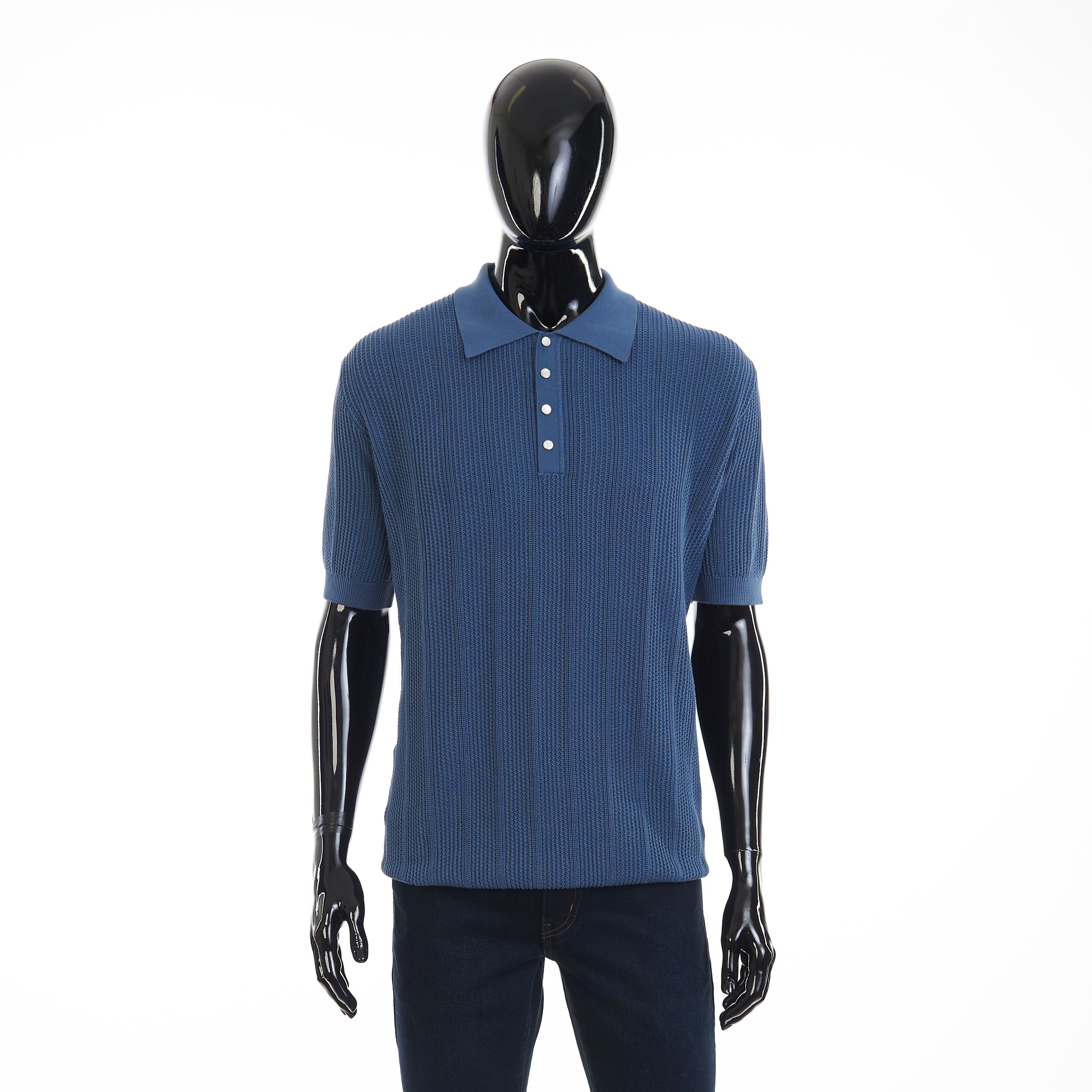 Brunello Cucinelli Textured Rib Knit Polo - Oxford Blue Cotton Size US XXL / EU 58 / 5 - 1 Thumbnail