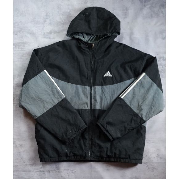 image of Vintage 90's Adidas Black Stripes Black/grey Winter Jacket in Gray Black, Men's (Size XL)