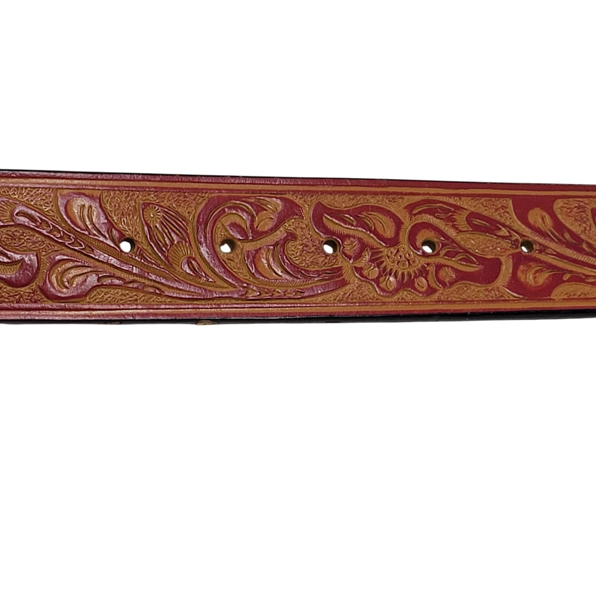 Vintage Vintage Style Tooled Bonded Leather Red Belt S Floral Design Size ONE SIZE - 4 Thumbnail