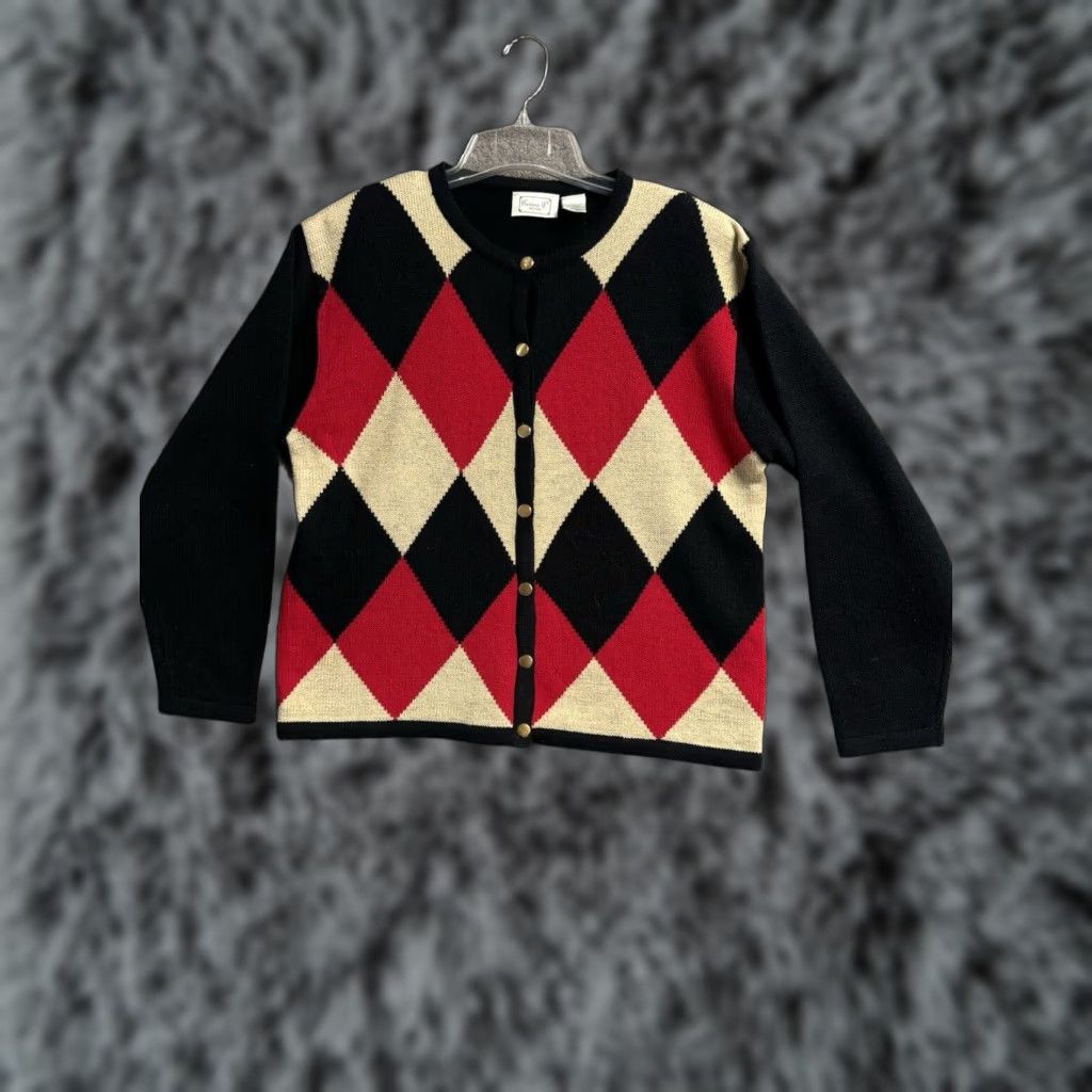 Vintage VINTAGE 80s Carissa E Cardigan Sweater Petite Large Argyle Sparkly Shoulder Pads Holiday Women Woman Cardigan Size L / US 10 / IT 46 - 1 Thumbnail