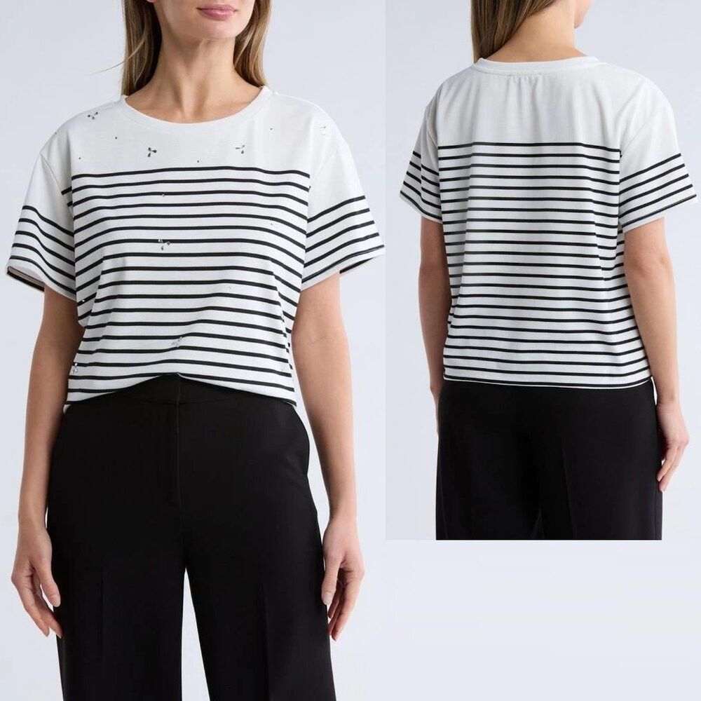 Adrianna Papell NWT New Adrianna Papell Embellished Stripe T-Shirt Size XL Size XL / US 12-14 / IT 48-50 - 1 Thumbnail