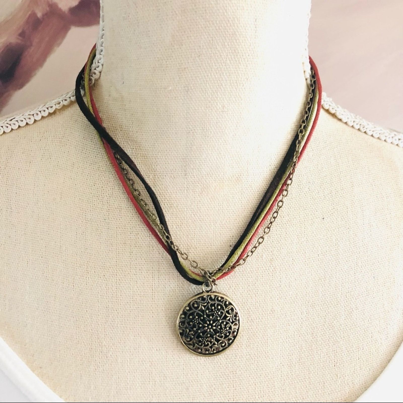 Jewelry Brass filigree pendant multi strand cord chain necklace Size ONE SIZE - 1 Thumbnail