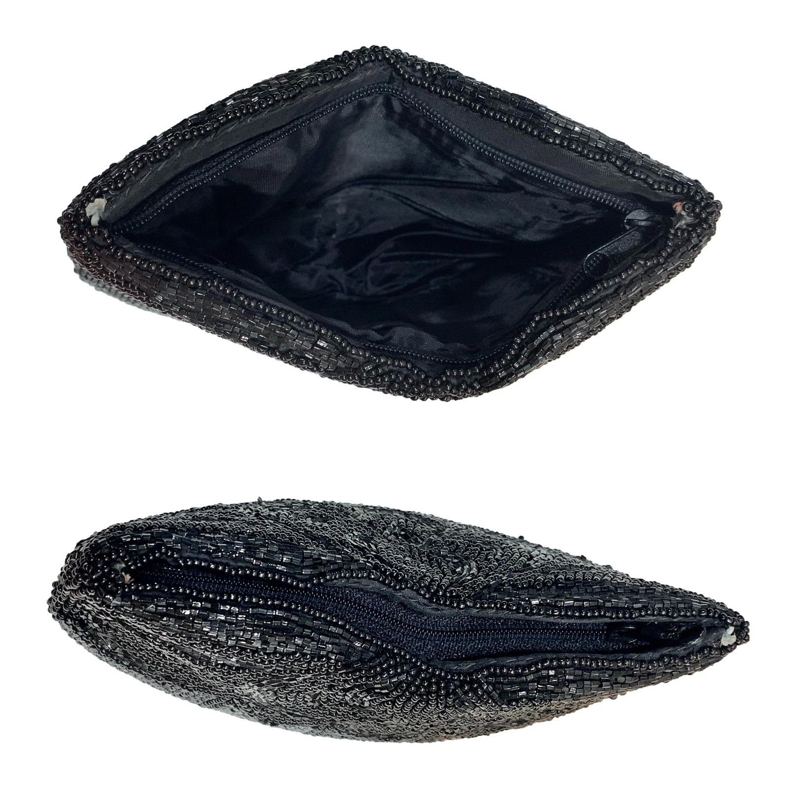 Vintage 80s does 40s Black Beaded Silk Evening Bag | Small Clutch Size ONE SIZE - 9 Thumbnail