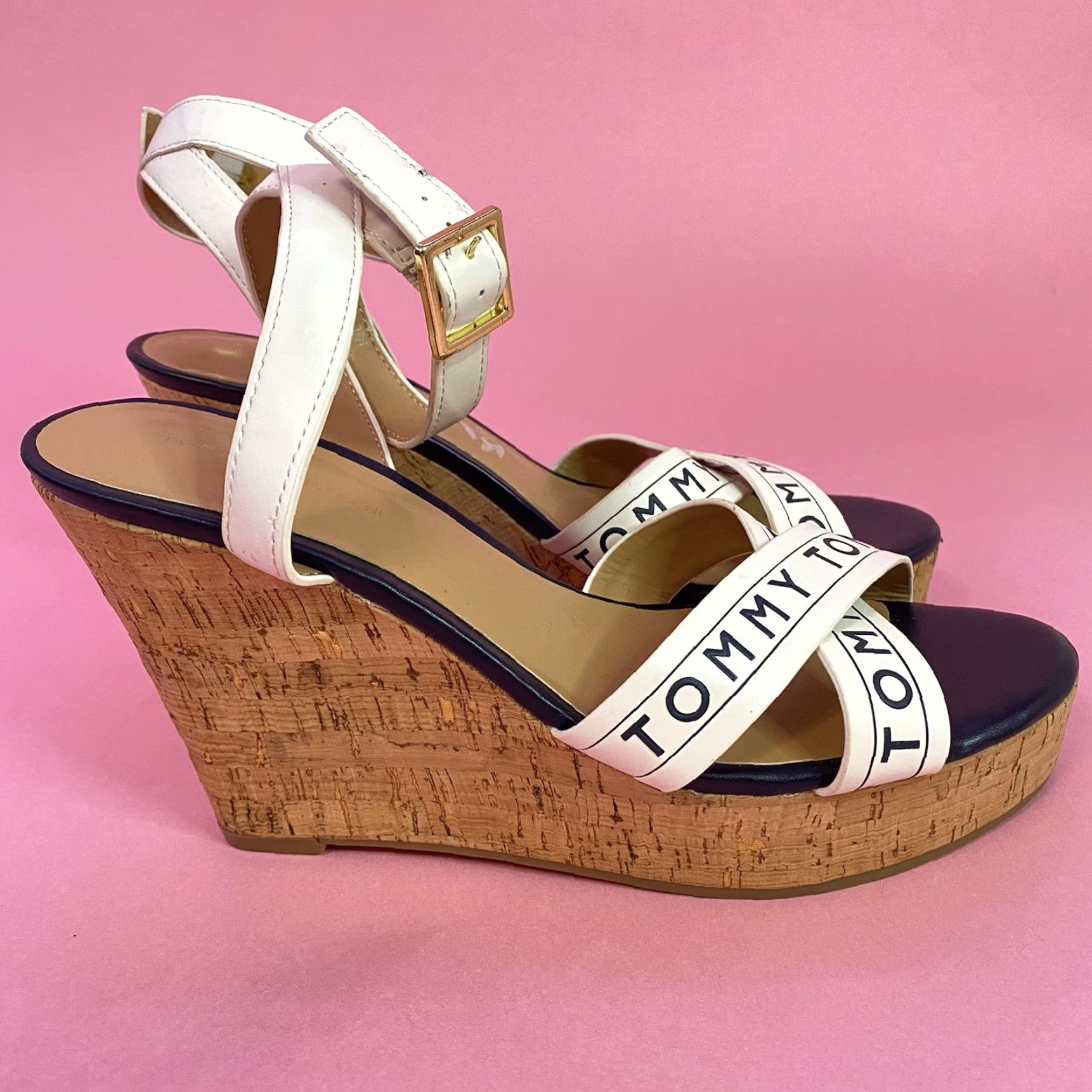 Tommy Hilfiger Tommy Hilfiger Women's Sandal Strappy Wedge Spell Out 4.5” TWKRESHA-C Size 9 M Size US 7 / IT 37 - 6 Thumbnail