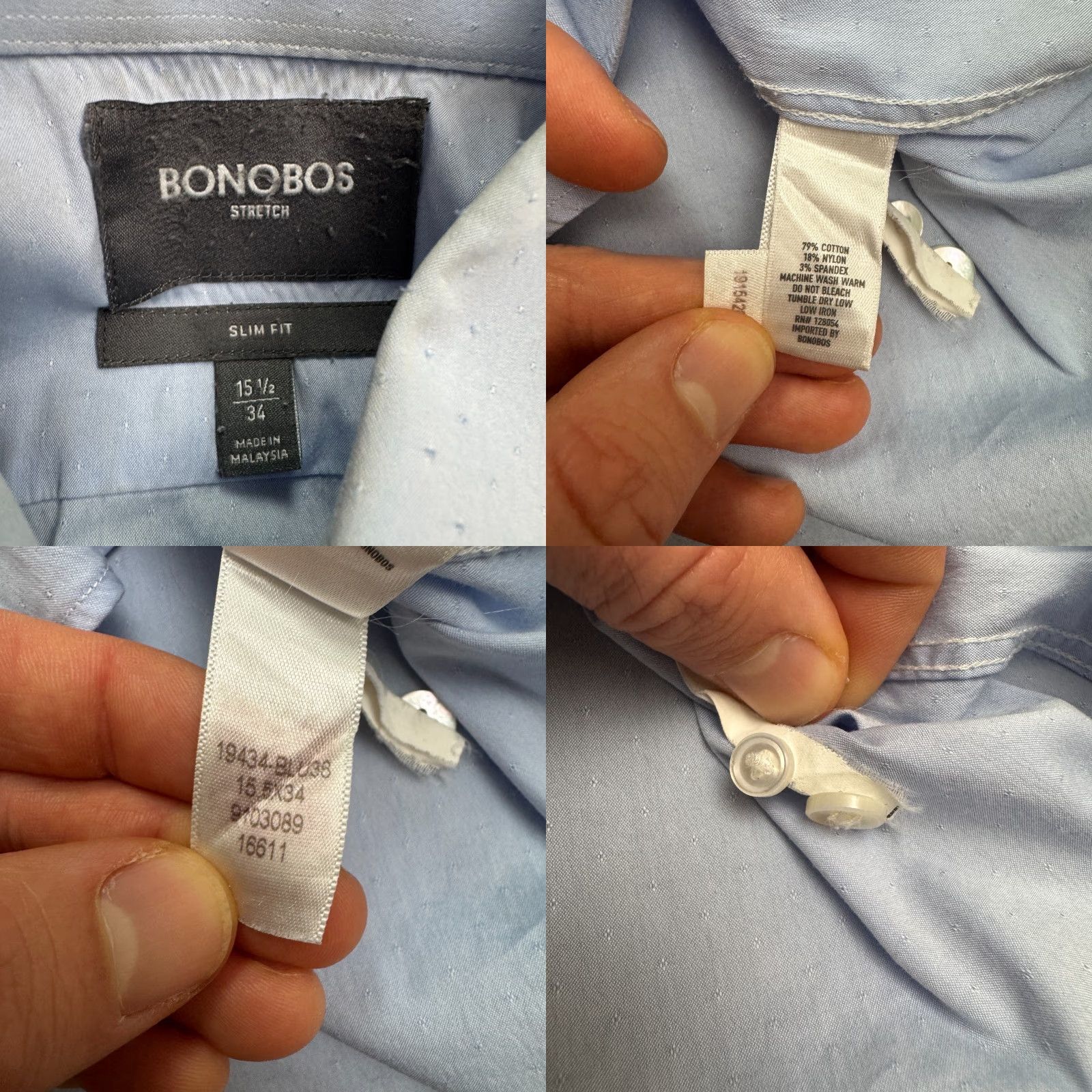 Bonobos Bonobos Slim Fit Dress Shirt Mens 15.5 34 Blue Cotton Nylon Long Sleeve Classic Shirt Size 40R - 8 Thumbnail