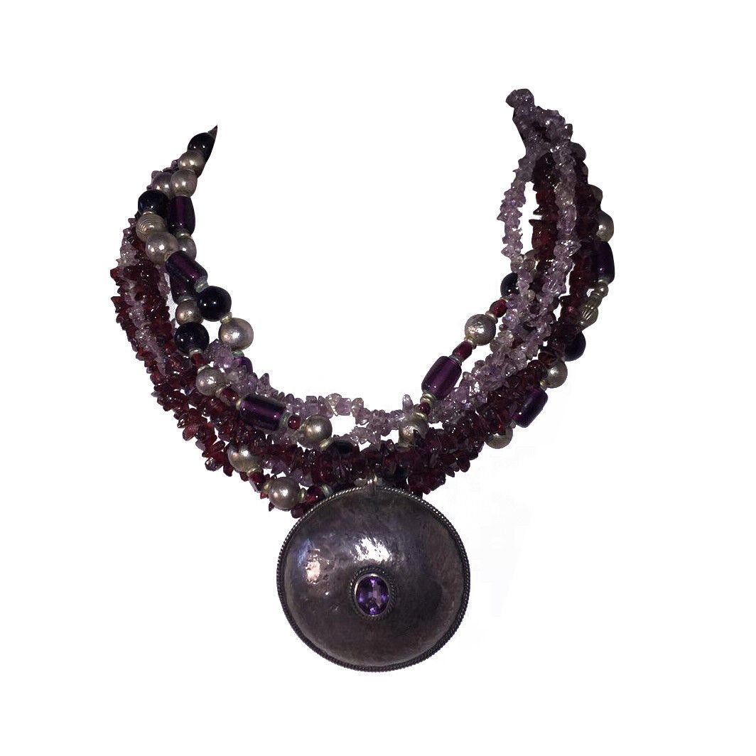 Designer Sterling Pendant Glass Amethyst & Garnet Chip Bead Necklace Size ONE SIZE - 1 Thumbnail