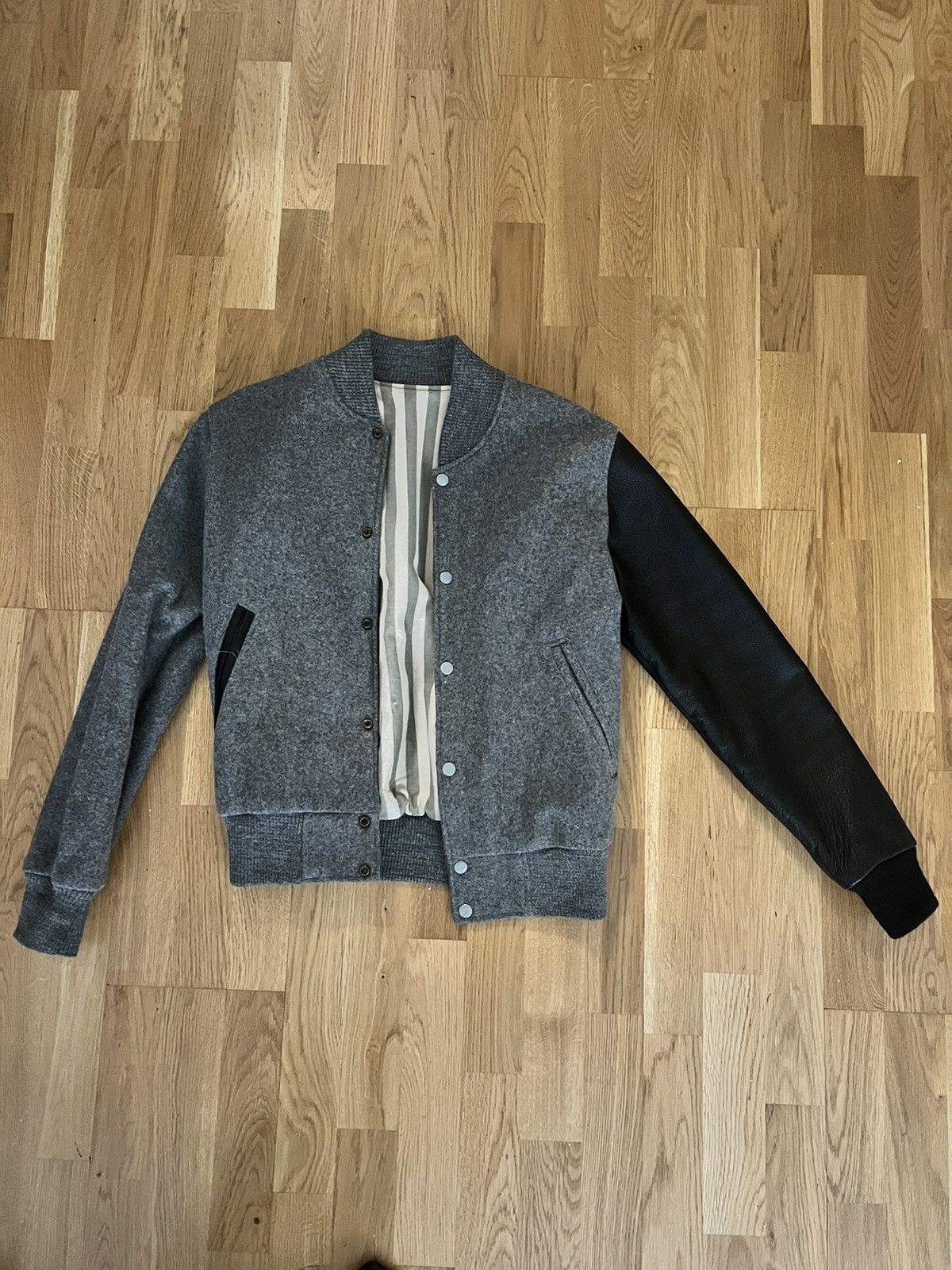 image of Needs Wants Studios Needs/wants Heritage Varsity Jacket W/ Leather Sleeve Size S in Grey, Men's