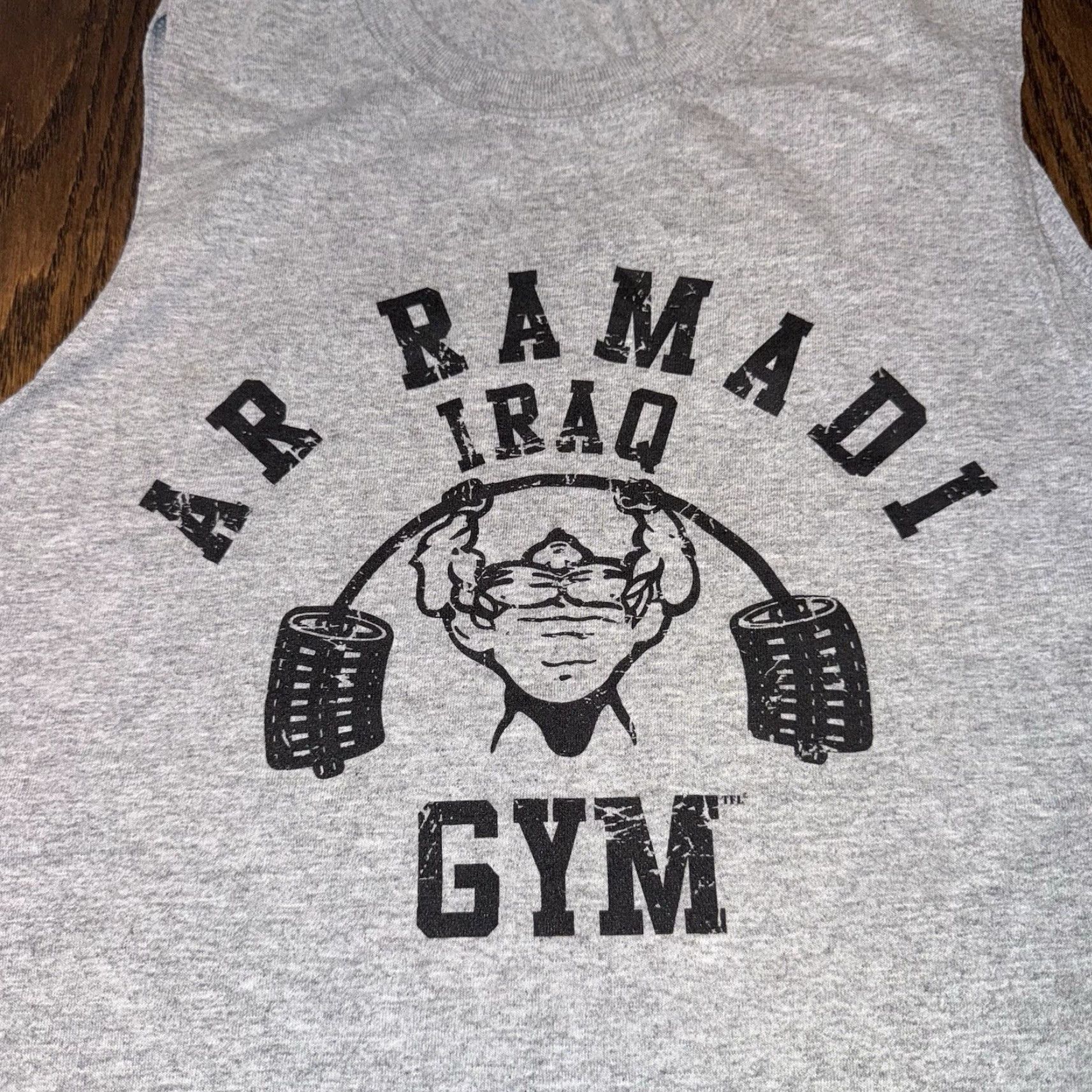 Gildan VINTAGE Ar Ramadi Iraq Gym Sleeveless Shirt Size S Military Work Out Mens T-Shirt Gray COTTON/POLYESTER Graphic Print Fire 26" long 17.75" wide Size US S / EU 44-46 / 1 - 2 Thumbnail