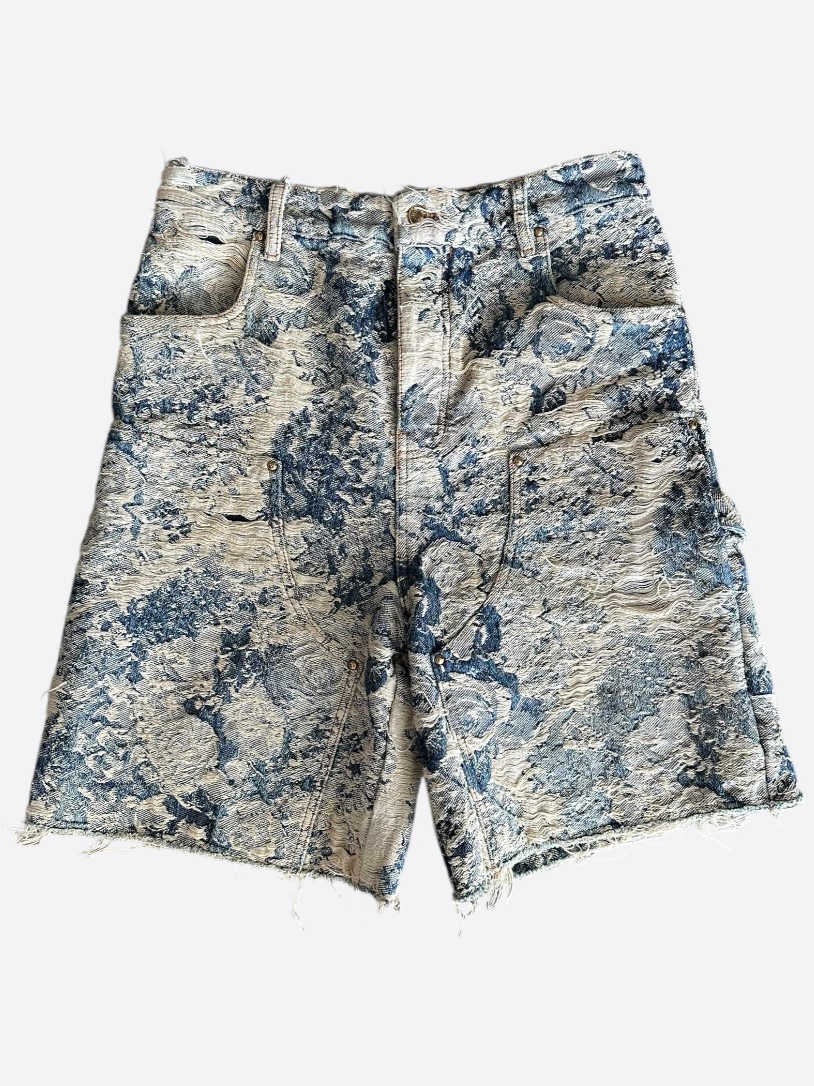 Louis Vuitton Blue & White Floral Distressed Carpenter Shorts Size US 28 / EU 44 - 1 Thumbnail