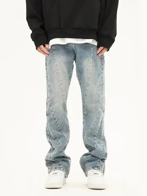 Spliced Flared Pants Mens Washed Distressed Denim