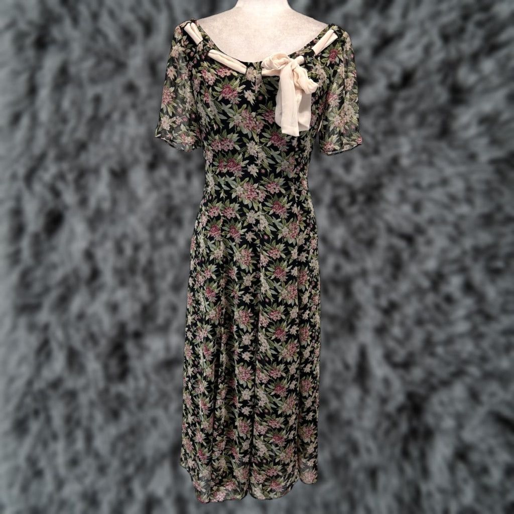 VINTAGE Cynthia Rowley x Holt Renfrew Floral Midi Dress Women's 6 Black Prairie Cottagecore 1980s US Mens/Womens