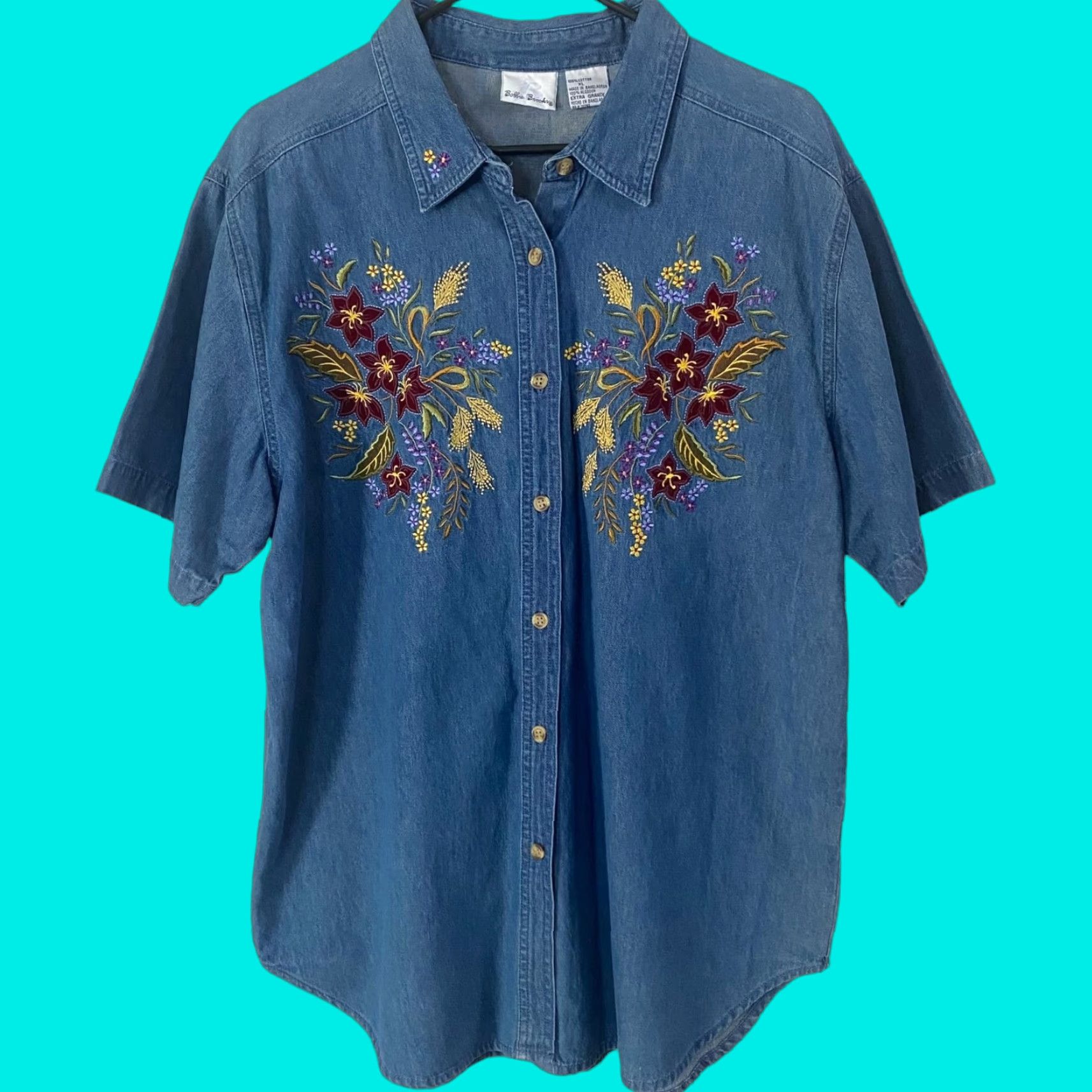 VINTAGE Bobbie Brooks Denim Shirt Embroidered Floral Print Button-Up Women's XL Blue