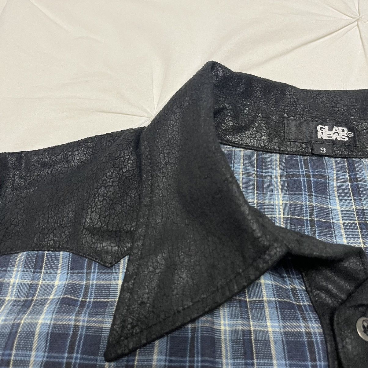 If Six Was Nine × Le Grande Bleu (L.G.B.) × Tornado Mart Pearl Snap Glad News Button Up Cracked Leather/Flannel Size US XS / EU 42 / 0 - 4 Thumbnail