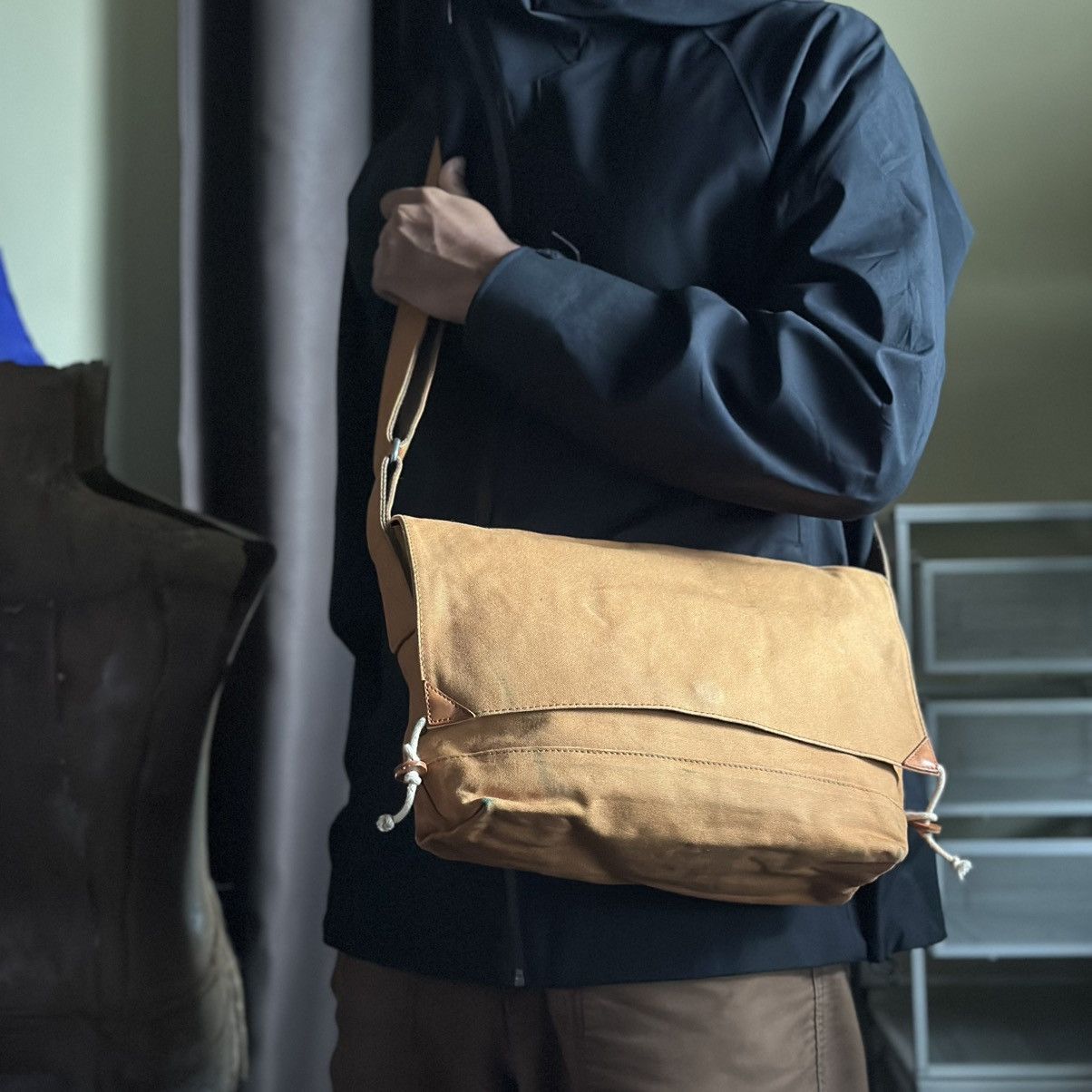 Kamakura Hampukin Tokyo Messenger Bag in Brown, Men's