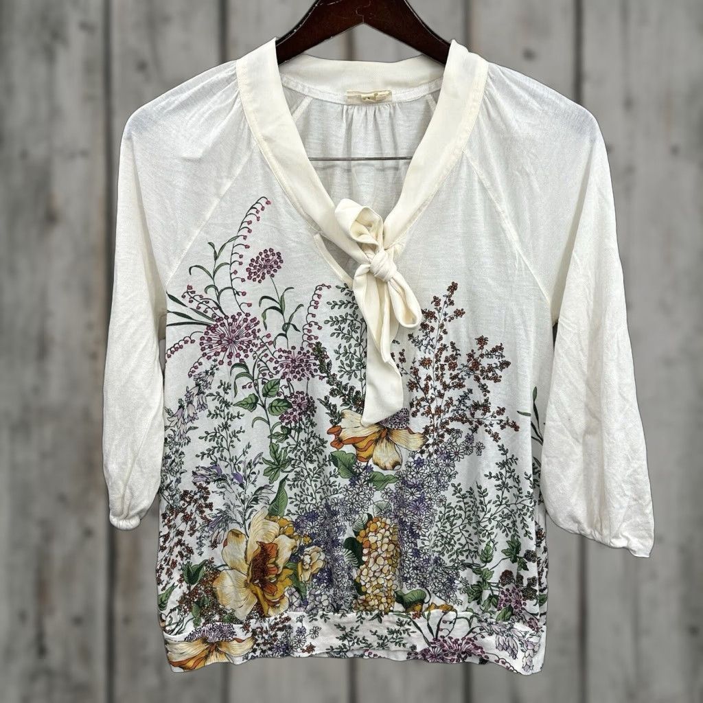 Vintage Meadow Rue Blouse Women M Ivory Floral Jersey Bow Neck Round Neck Casual Sleeve Basic Bohemian 90s? Size M / US 6-8 / IT 42-44 - 1 Thumbnail