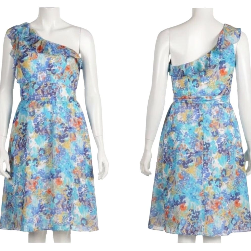 Vintage Tahari Dress One Shoulder Floral Blue 12 Women Knee Length A-Line Sleeveless Party/Cocktail Casual Vintage? (no) Size XL / US 12-14 / IT 48-50 - 2 Thumbnail
