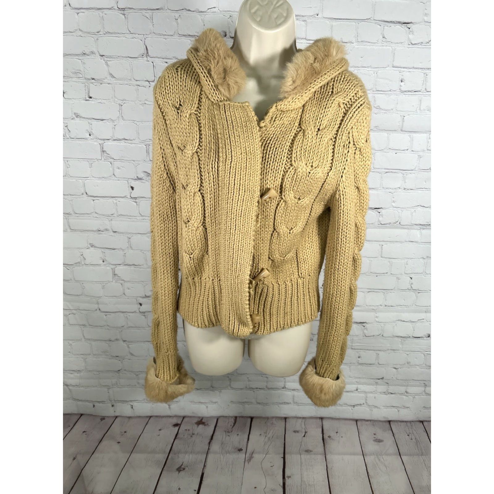 Vintage Kenji Full Zip Sweater Women Handmade Hand Knit Hooded Tan Brown Faux Rabbit Fur Accents Chunky Knit S XL Vintage: No Mens Womens? (Wait) Size S / US 4 / IT 40 - 2 Thumbnail